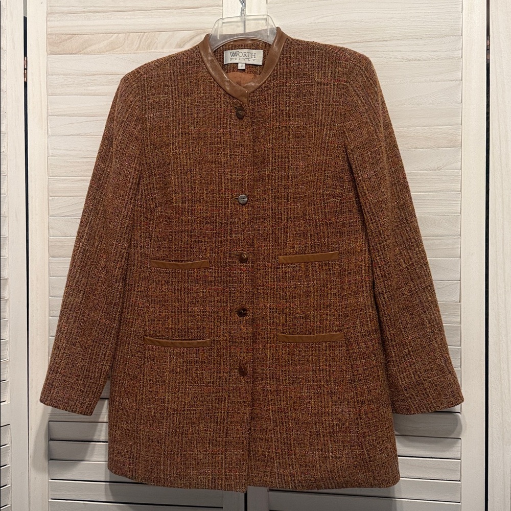 Worth Petite Brown Tweed Jacket with Leather Accents. 12P